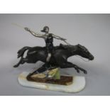 Art deco spelter character group of a female robed hunter upon a galloping horse upon a coloured