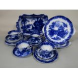 A collection of Victorian flow blue and white printed tea wares with chinoiserie decoration