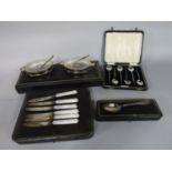 Mixed collection of cased silver sets comprising a cased set of six art deco mother of pearl