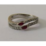 18ct white gold ring of wavy form set with marquise cut rubies and round cut diamonds, size L, 3.9g