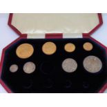 1887 gold and silver part specimen set to include 5 sovereign, double sovereign, sovereign.