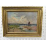 J De Breanski (Early 20th century) - Estuary scene with figures, sailing boats, etc, oil on board,