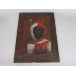 Interesting Jacobean type oak panel hand painted with a bust of a harlequin, 53 x 38 cm