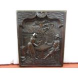 19th century continental carved oak wood panel showing an exterior village inn scene 43cm x 36cm