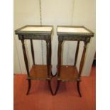 A pair of late 19th century square cut plant or lamp tables, the marble tops within pierced brass