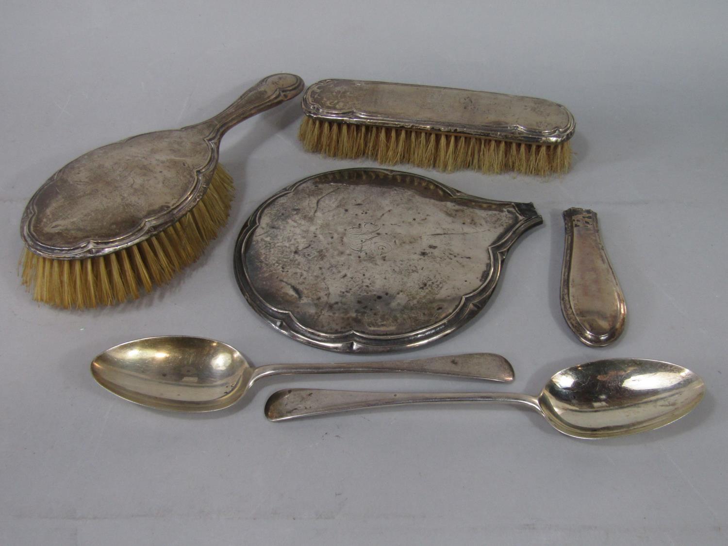 Pair of 1930s Georgian style Old English table spoons, 4 oz approx, together with a silver three