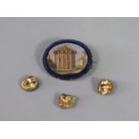 Micromosaic white metal brooch depicting the Temple of Hercules, together with three gold tooth