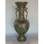 Chinese patinated bronze bottle neck baluster vase with twin scrolled bird head handles and embossed