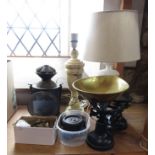 A mixed collection of items to include alabaster lamps, a carriage lantern, set of weighing