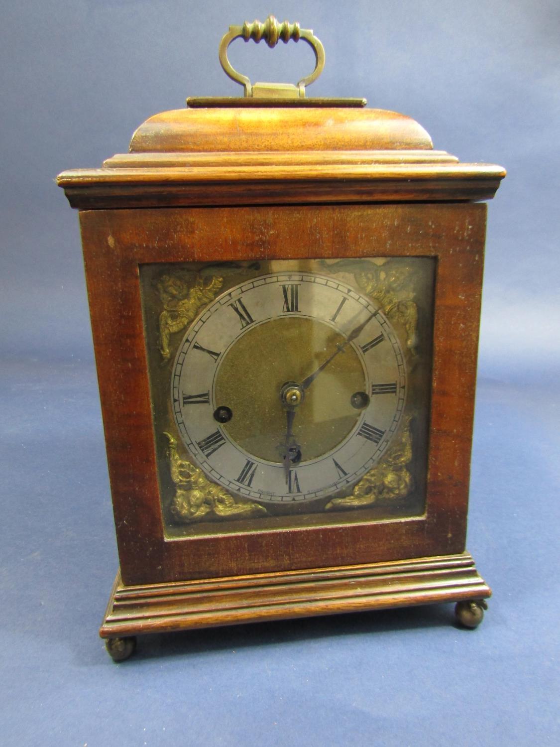 Mid-20th century walnut cased three train bracket type clock by Bright of Scarborough, gilt dial