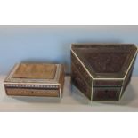 Indian credence shaped carved hardwood and ivory vizagapatam stationery box, the lid decorated