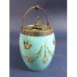 Early 20th century opaline glass and silver plated biscuit barrel, the glass with enamelled floral