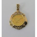 Millennium New Zealand kiwi 1/30oz 99.99 gold coin, set in 14ct pendant mount, 2.8g