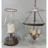 Domed glass three branch hanging hall lantern, with a similar storm lantern (2)