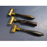 Three 19th century powder or shot gun gauges, 1 oz to 3¼ oz settings, brass with turned handles