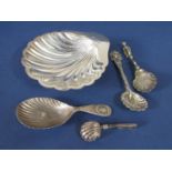 Mixed collection of scallop shell silver to include a bonbon dish, caddy spoon, two further tea