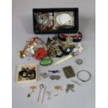 Mixed lot of costume jewellery to include a silver thimble and christening bangle, small quantity of