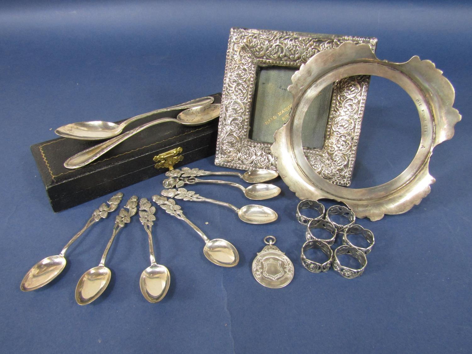 Collection of various silver items comprising a silver easel picture frame, a sterling silver dish