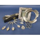 Collection of various silver items comprising a silver easel picture frame, a sterling silver dish