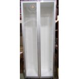 A tall whitewood display cabinet enclosed by a pair of full length rectangular glazed panelled