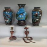 Cloisonné baluster vase decorated with a kingfisher catching a fish upon a turned wooden plinth