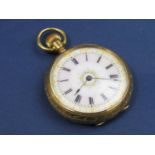 Attractive 18ct ladies Waltham fob watch, the colourful gilt dial with Roman numerals, good