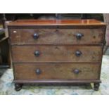 A 19th century mahogany bedroom chest of three long graduated oak lined drawers, raised on squat