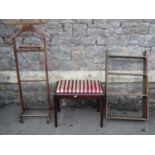 A small arts and crafts style oak waterfall type open bookcase, a Stag Minstrel dressing stool, a