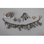 Mixed lot comprising 10ct heather charm (af), silver 1937 Jubilee brooch and similar pair of drop