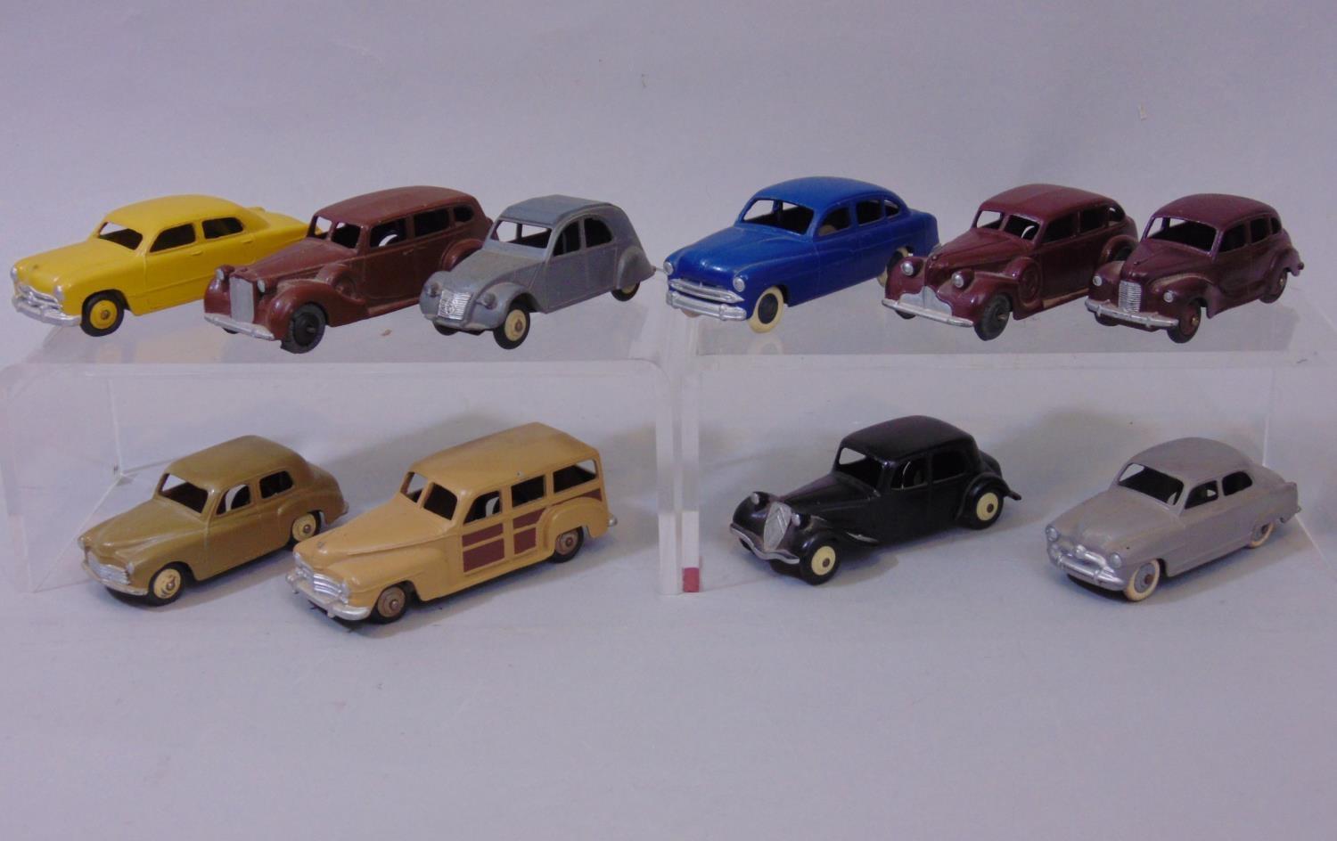 Small collection of Dinky toy cars including French Citroen 2CV, Simca Aronde, Citroen 11BL and Ford