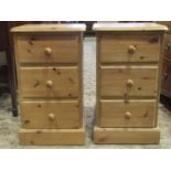 A pair of stripped solid pine three drawer bedside chests raised on a moulded plinth