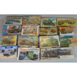 11 Airfix kits of trains, tanks, military vehicles together with 4 others by Matchbox, Kibri and