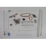 Collection of silver jewellery to include a bracelet and brooch both set with amber, owl brooch,