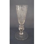 Antique fluted glass, the bowl etched with birds on branches and dimple decoration upon a faceted