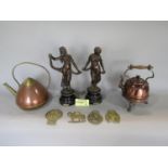 A box of various metalware to include two French spelter figures, various copper wares, horse