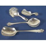 Collection of silver spoons to include a Georgian silver caddy spoon with engraved bowl and bright