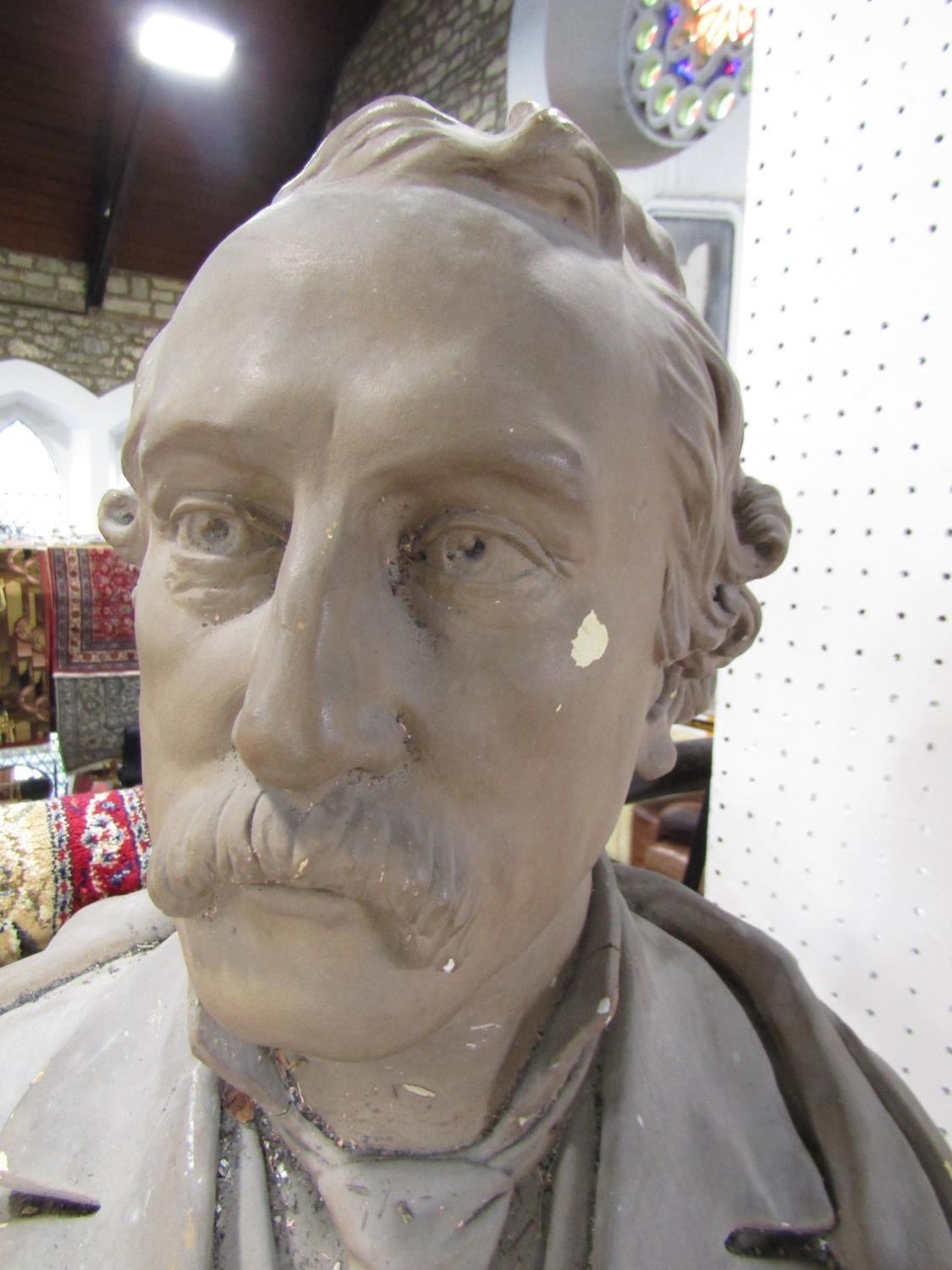 A plaster bust of an Edwardian moustached gentleman wearing a shirt and tie, the plinth base - Image 2 of 2