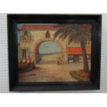 (Mid 20th century school) - Mediterranean style coastal town scene with archway leading to a