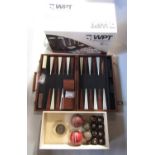 WPT unopened poker set, together with a further leather cased backgammon set and various old cricket