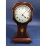Edwardian mahogany balloon head time piece with box wood inlay of a twin handled urn, convex dial