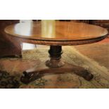 Late Regency period rosewood tea table, the circular top with well matched veneers, over a repeating