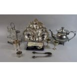 A small collection of silver plated items comprising a four piece bottle cruet, a squat baluster