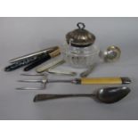 A mixed bijouterie lot comprising silver Georgian dessert spoon, Victorian silver sifter spoon,