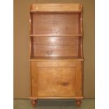 A dwarf stripped pine bookcase cupboard partially enclosed by a rectangular panelled door beneath