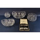 Four various cut glass dishes, together with a small part service of Royal Doulton Forest Flower