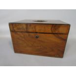 19th century burr walnut campaign style casket, the hinged lid enclosing a segmented interior with