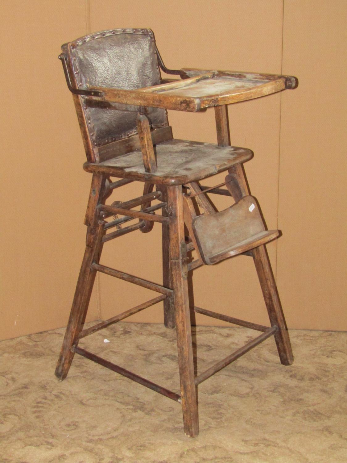 A vintage metamorphic child's high chair with elm seat, together with two Victorian footstools of