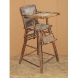 A vintage metamorphic child's high chair with elm seat, together with two Victorian footstools of