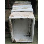 Five (four deep, one shallow) reclaimed white glazed butlers sinks, later used as garden planters (