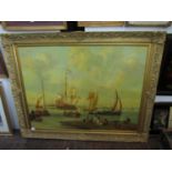 20th century school in the 18th century Dutch manner, extensive coastal scene with shipping,